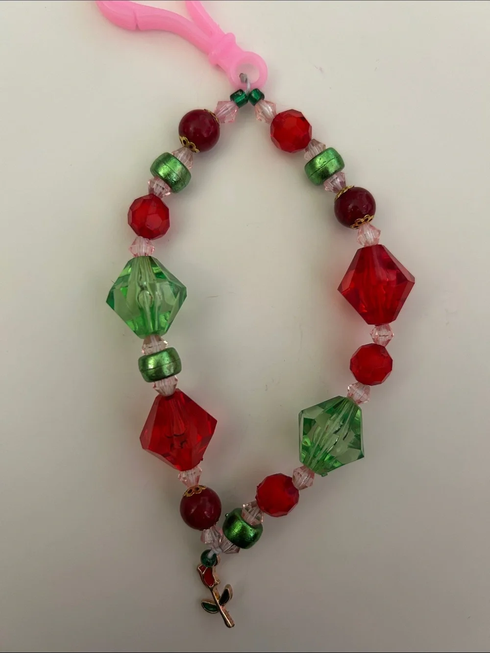Beaded Red & Green Bracelet with Pink Clip